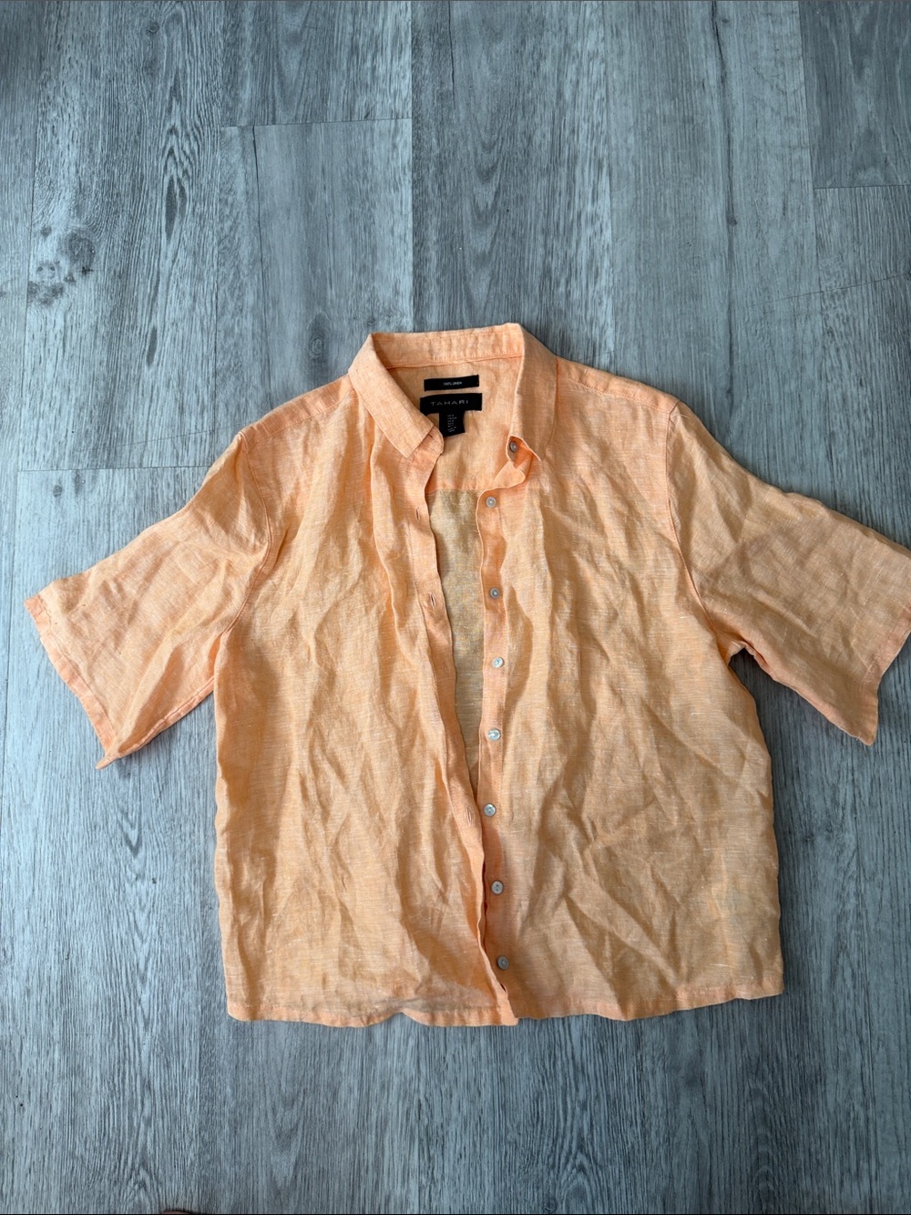 Tahari 100% Linen Peach Orange Short Sleeve Button Up Shirt sz Small